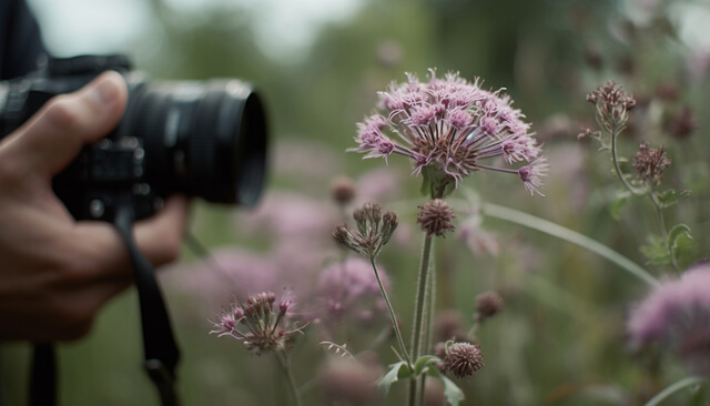 640 caucasian photographer holding camera photographing purple wildflower in meadow generated by ai